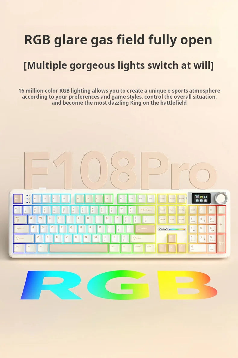 AULA F108 Pro Triple-mode Bluetooth 2.4G Wired Mechanical Keyboard Fully Customizable Hot-Swappable Keys Gasket Structure RGB