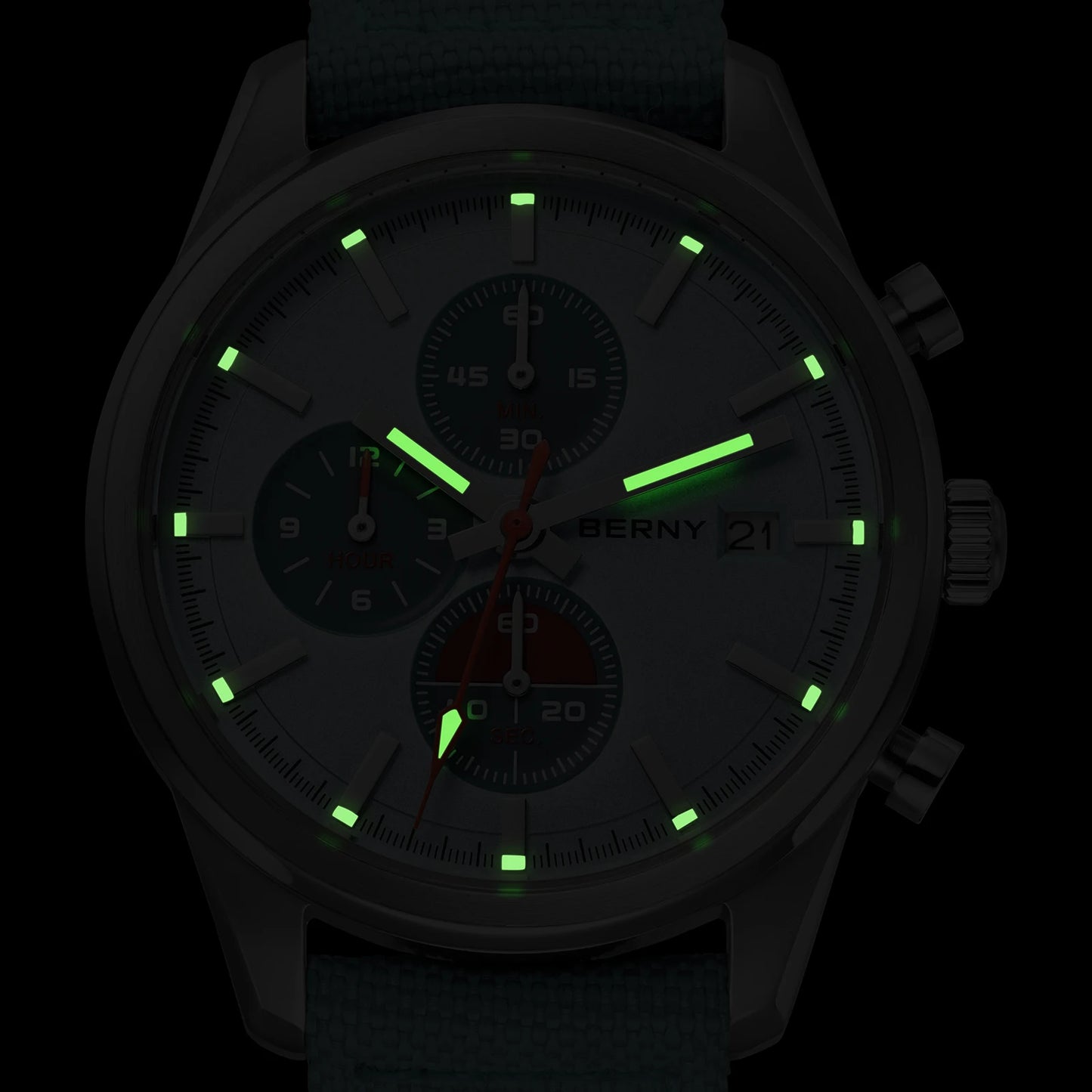 BERNY Chronograph Watch for Men/Women 37mm Dial Woven Fabric Sapphire AR Coated 5ATM Fashion Sport Calendar 316L Couple Watch
