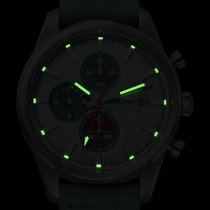 BERNY Chronograph Watch for Men/Women 37mm Dial Woven Fabric Sapphire AR Coated 5ATM Fashion Sport Calendar 316L Couple Watch