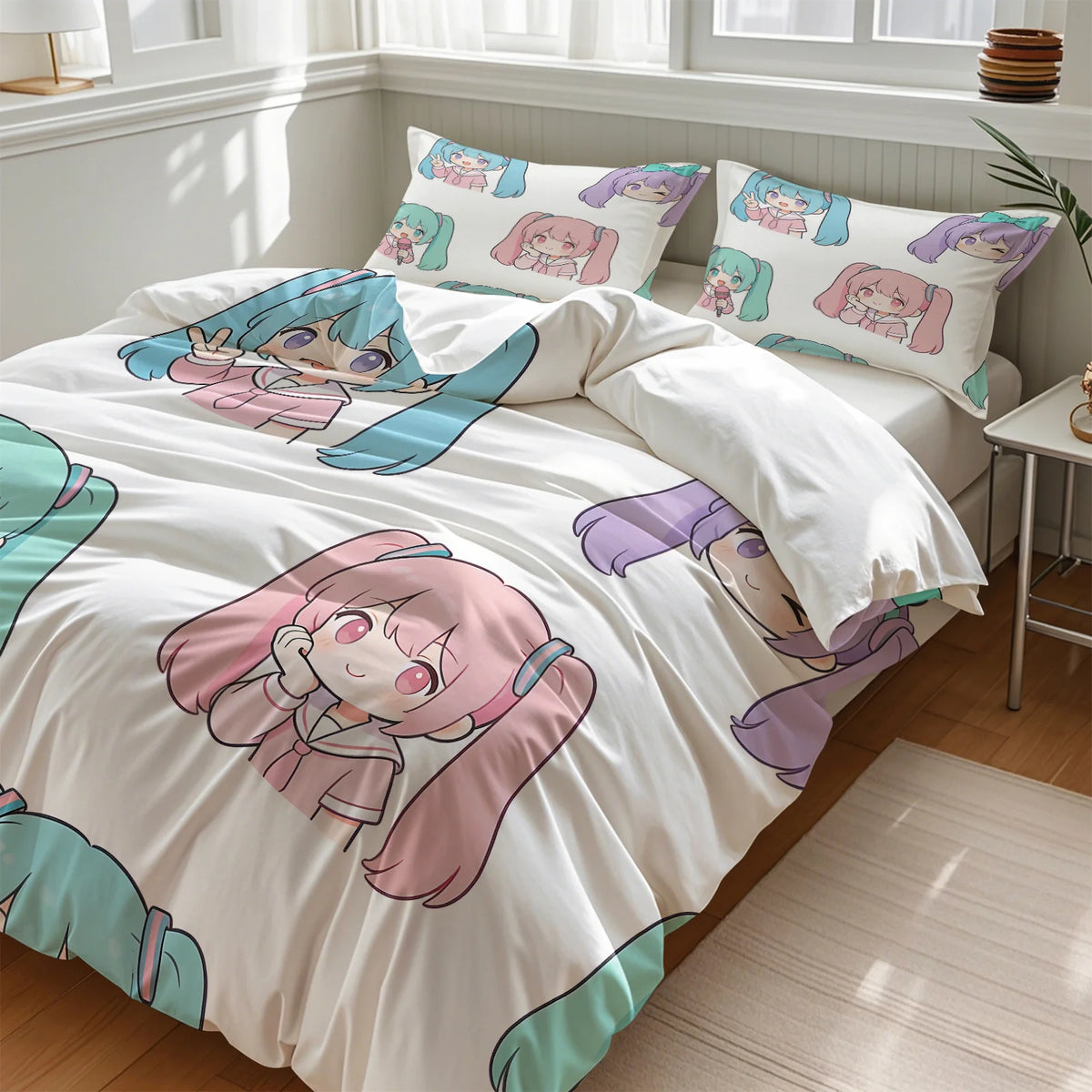 Hatsune Miku Chibi Style Duvet Cover Set Cute Anime Bedding with Pillowcases Gaming Room Teens Kids Bedroom Decor Gift for fans
