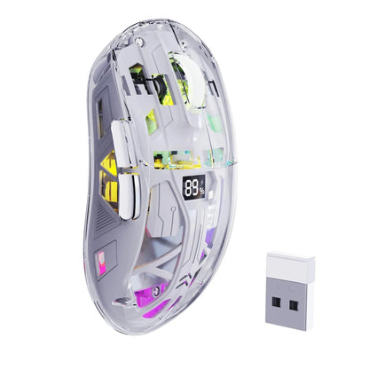 Rato Gaming Sem Fios Transparente A2, BT 5.0/2.4G para PC, Recarregável, RGB, com Ecrã Digital, PixArt 3212, 5 Níveis de DPI Ajustáveis