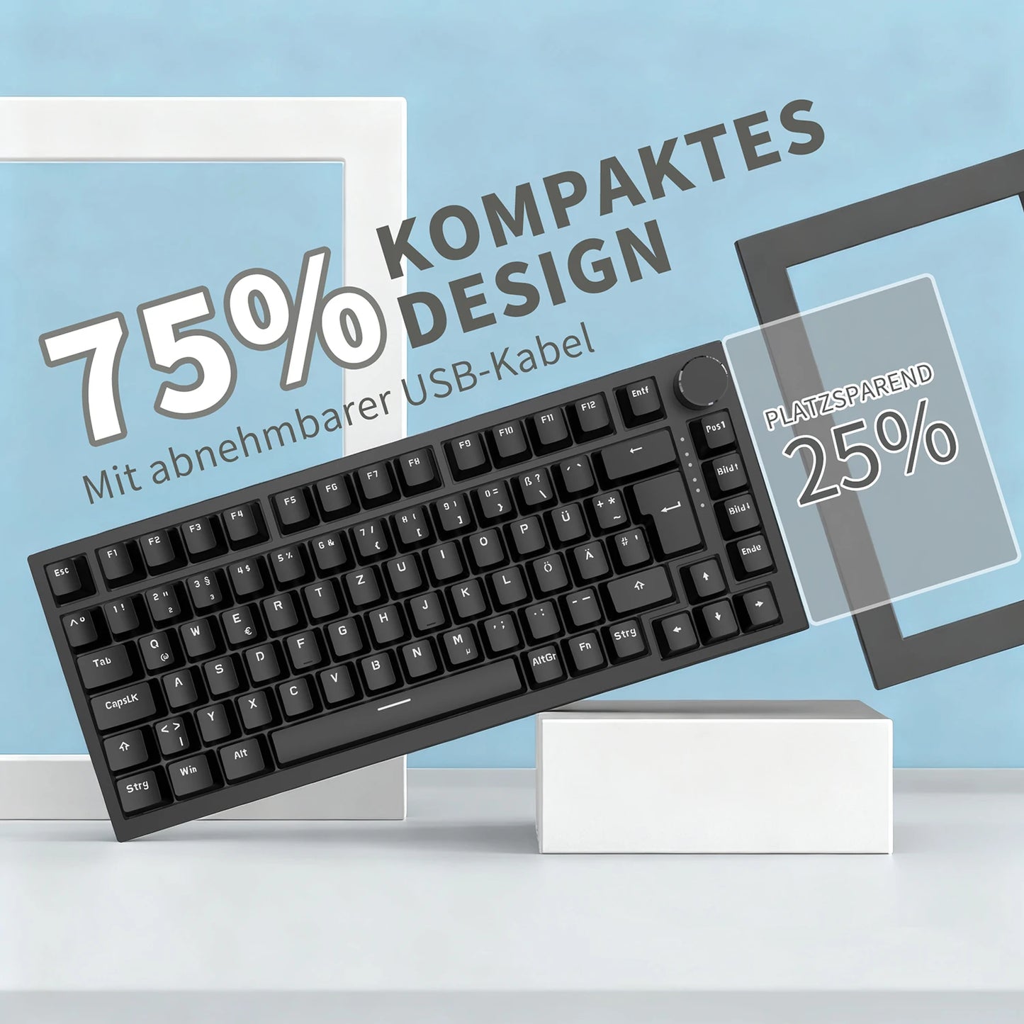 German Version Ajazz Ak820 Gaming Mechanical Keyboard, German Keyboard, ISO-DE Layout Qwertz Hot-Swappable Volume Knob, Holiday Gift
