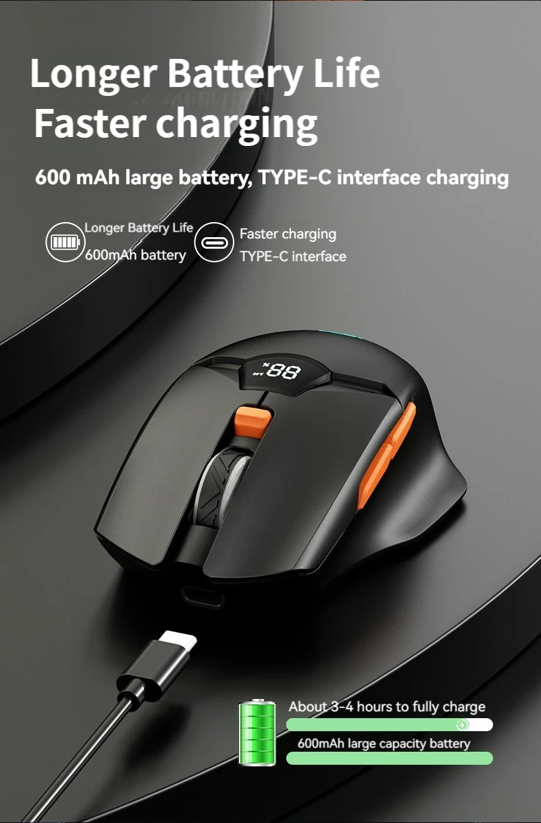 Rato sem fios 2.4G Bluetooth com ecrã de visualização, bateria de grande capacidade de 600mAh e botões de toque leve para gaming e escritório