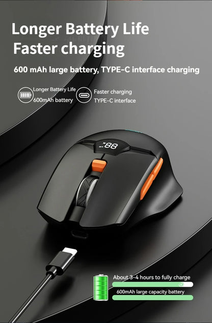 Rato sem fios 2.4G Bluetooth com ecrã de visualização, bateria de grande capacidade de 600mAh e botões de toque leve para gaming e escritório