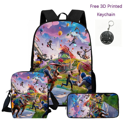 3Pcs Kids Backpack Set, Crossbody & Pencil Bag, FORTNITE Cartoon Bag, Lightweight for Boys Girls 6-10, Free 3D Printed Keychain