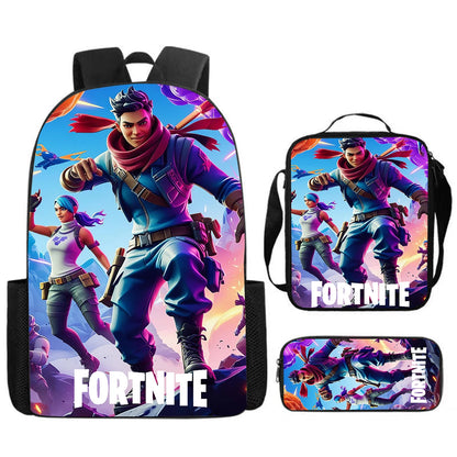 Conjunto Fortnite Cartoon de 3 peças, grande capacidade, adequado para rapazes e raparigas dos 5 aos 8 anos, inclui mochila, lancheira e estojo