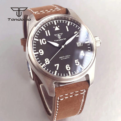 Tandorio 39mm Pilot Men's Diving Automatic Watch AR Sapphire Miyota8215/PT5000 Movt Mechanical Steel Wristwatch 20BAR Green Lume
