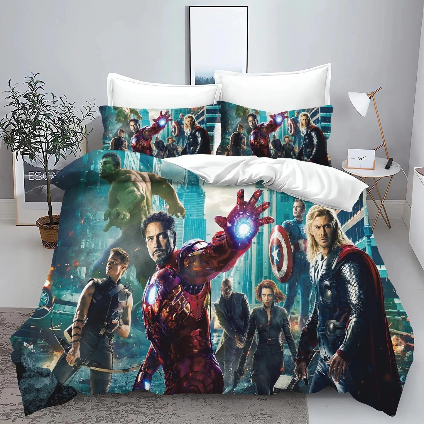Conjunto de capa de edredão e fronhas The Avengers Hero para cama, decoração de quarto para adulto, menino ou menina, criança, solteiro ou casal, tamanho grande