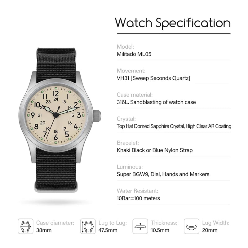 Militado ML05 Military Watch VH31 Sweep Quartz Movement Top Hat Domed Sapphire Crystal Vintage Watch 100m Waterproof Mens Watch