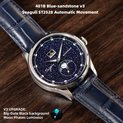 Sugess Moonphase Watch of Men 40mm Automatic Mechanical Wristwatches Origin ST2528 Movement Stainless Steel Blue Sandstone Dials