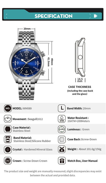WM Watch Automatic Mechanical Watches Water Resistant Classic Casual Business Man Watch Welly Merck WM089M
