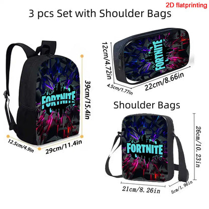 Conjunto de Mochila Fortnite Cartoon de 3 Peças Unissexo para Rapazes e Raparigas, Mochila com Bolso Frontal, Mala a Tiracolo e Estojo, Presente Ideal