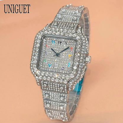 UNIGUET New Women Full Diamond Iced out Watch Fashion Square Rainbow Dial Hip Hop Bling Luxury Quartz Ladies Wristwatch Hot Sale
