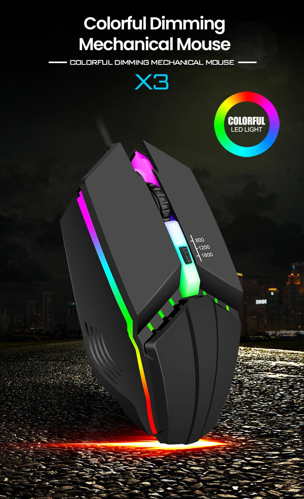 Rato Gaming USB com Fio RGB Retroiluminado e Botão Silenciar, para PC de Secretária, Portátil, Computador, Casa e Escritório, LED Luminoso, 1600DPI