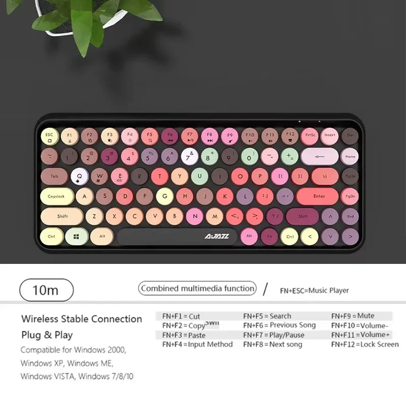 AJAZZ 308i Wireless Bluetooth Keyboard 84 Keys Rechargeable Retro Round Typewriter Keycaps, Portable Mechanical Keyboard
