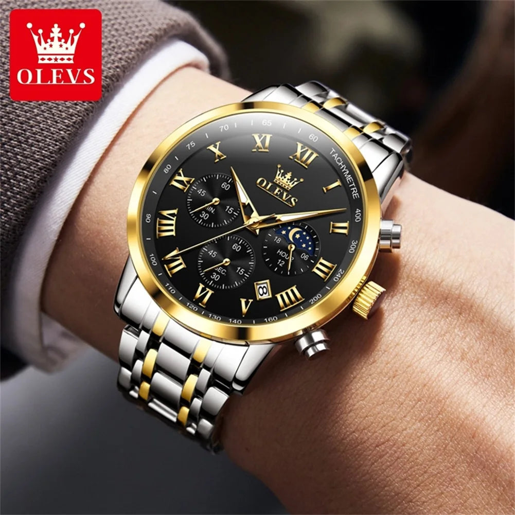 Relógio de Homem OLEVS 5529 de Marca Top Luxury, Impermeável, Luminoso, em Aço Inoxidável, com Fase Lunar e Código de Temporização, Novo Relógio de Quartzo para Homem