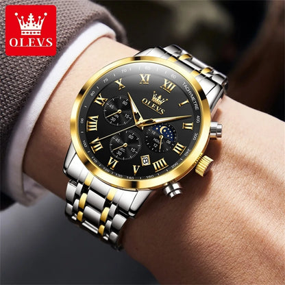 Relógio de Homem OLEVS 5529 de Marca Top Luxury, Impermeável, Luminoso, em Aço Inoxidável, com Fase Lunar e Código de Temporização, Novo Relógio de Quartzo para Homem