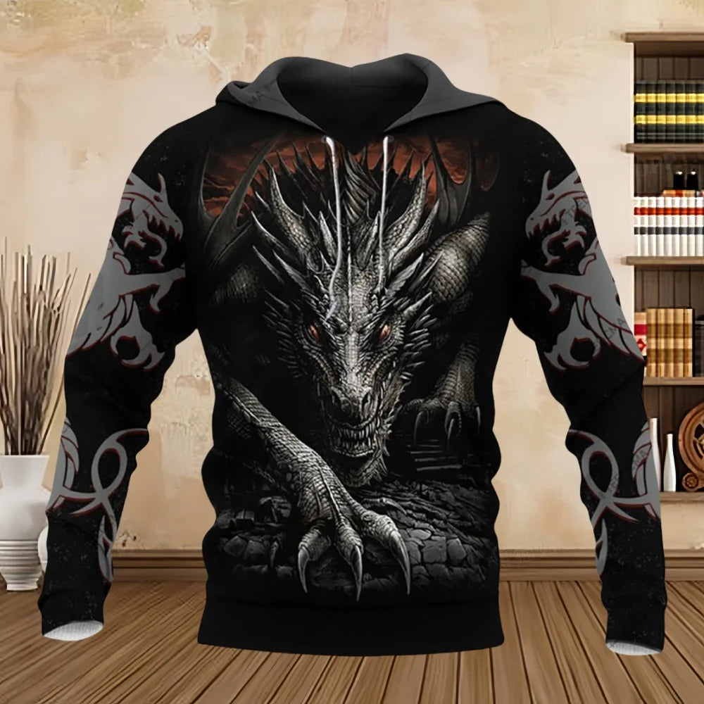 Sweatshirt com Capuz Unissexo para Homem, Manga Comprida, Estampado 3D com Dragão Tattoo, Primavera/Outono, Streetwear Casual, Pullover, Fato de Treino