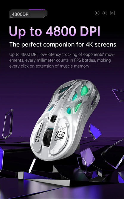 Rato Gaming Sem Fios 2.4G Trimodo RGB, Design Oco Leve com Iluminação Chroma, Com Fios/Bluetooth, Rato E-Sports Controlador
