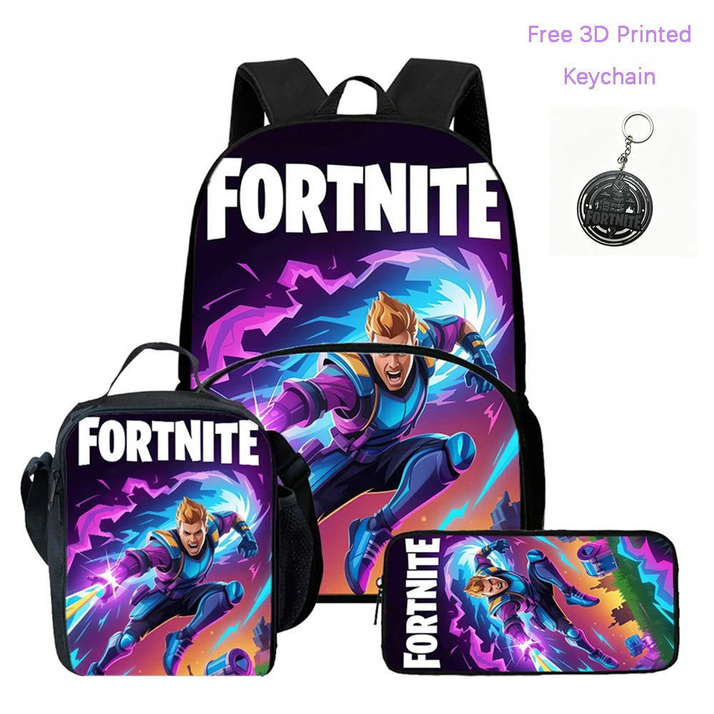 3Pcs FORTNITE Cartoon School Set Lightweight Backpack Front Pocket Lunch & Pencil Case For Kids Age 5-9 Free 3D Printed Keychain