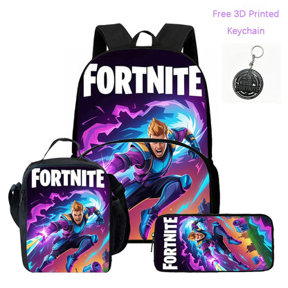 3Pcs FORTNITE Cartoon School Set Lightweight Backpack Front Pocket Lunch & Pencil Case For Kids Age 5-9 Free 3D Printed Keychain