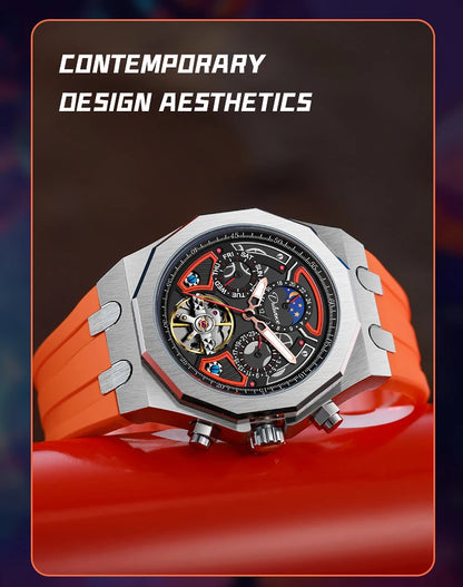 Top Brand Sport Watches with Tourbillon Stainless Steel Rubber Strap Multifunction Dial Automatic Watches Reloj Hombre New