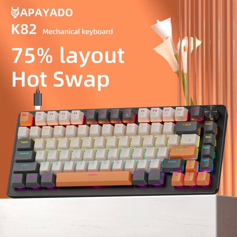75% Mechanical Keyboard Wired with Media Knob, APAYADO Black Gaming Keyboard, Hot-Swap, ABS Cap Transparent Character Backlighting