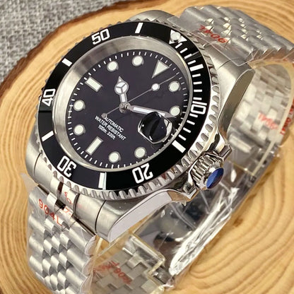 Relógio de Homem Automático Miyota8215 Impermeável 200m, Relógio de Mergulho 40mm com Movimento Mecânico, Luminoso, Bracelete Jubilee e Fecho Glide Lock
