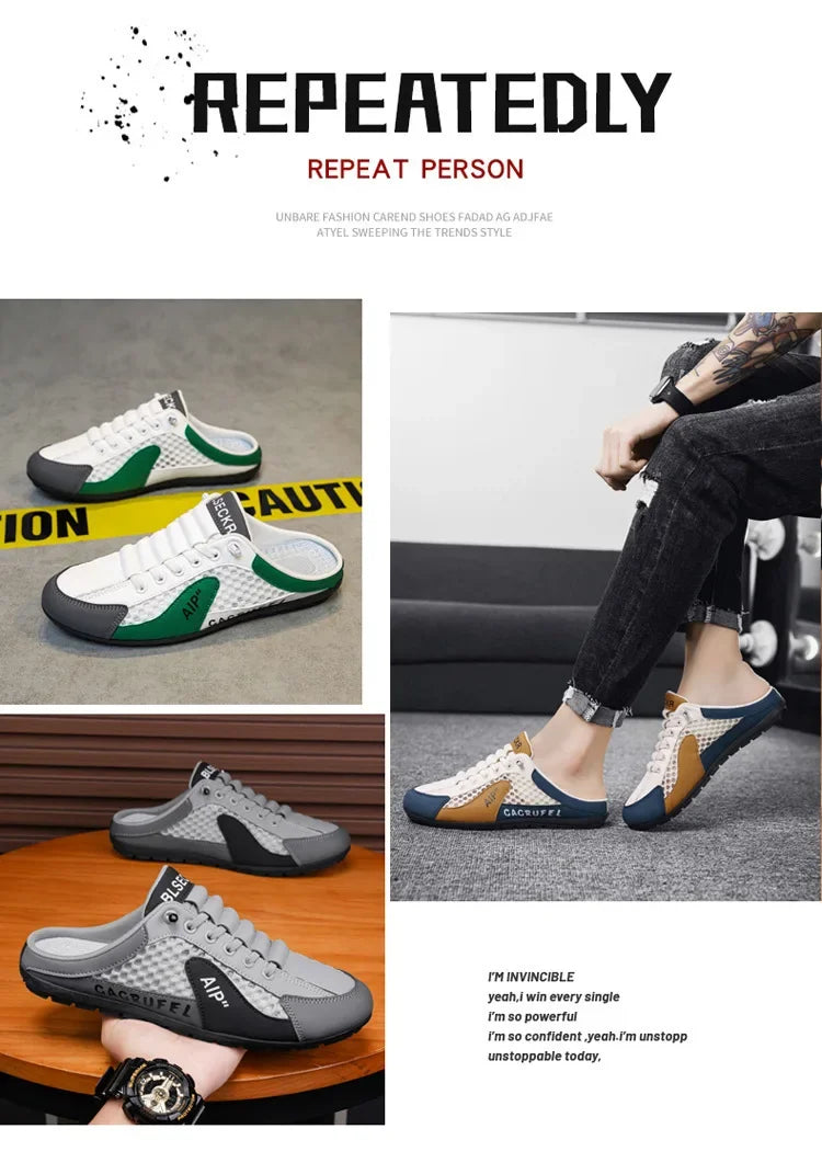 Men's Slip-On Lace-Up Casual Sports Shoes Breathable Mesh Unisex Spring Autumn Season Low Cut Flat Footwear Quick Easy Wear