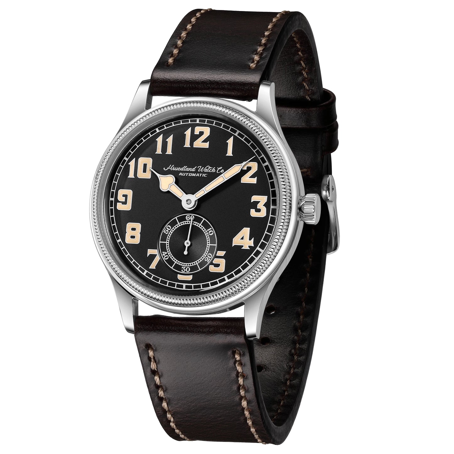 HRUODLAND Retro Flieger Automatic Watches for Men 38mm Seagull ST1701 Mechanical Wristwatch C3 Green Luminous K1 Mineral Bubble Crystal Oil Leather Strap Business Pilot Watch