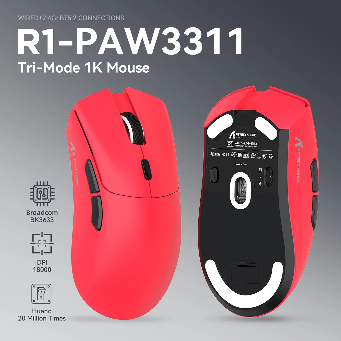 Rato Gaming Tri-mode ATTACK SHARK R1, sensor PixArt PAW3311, 18000 DPI, 1000hz, 59g ultraleve para mãos grandes, para PC/Mac