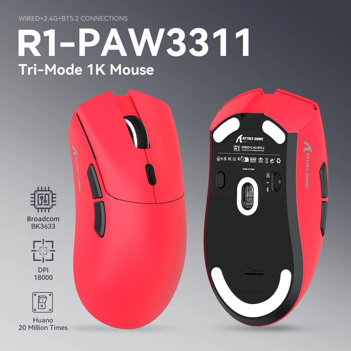 ATTACK SHARK R1 Tri-Mode Gaming Mouse, 59g Ultralight Wireless Gaming Mouse, PixArt PAW3311 Sensor, 18000 DPI, Bluetooth, 2.4GHz & Wired RGB Gaming Mouse