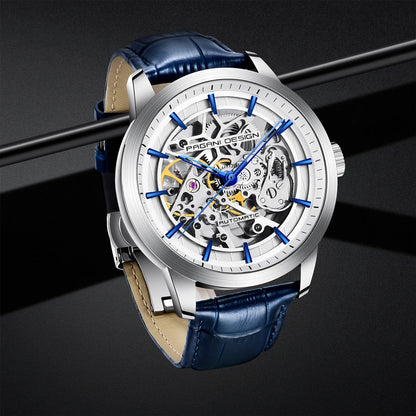 PAGANI DESIGN Új, csontvázszerkezetű férfi mechanikus karórák – csúcsminőségű luxus automata karórák férfiaknak, kék bőr szíjjal, vízálló karóra férfiaknak
