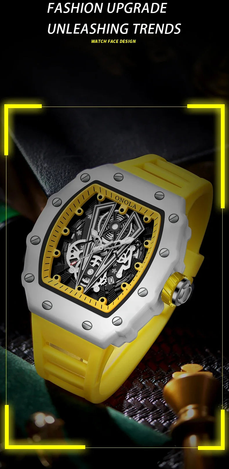 Gift Box Watches for Man ONOLA 3826W Trend White Men Watch Tonneau Calendar Waterproof Silicone Strap Relogios Masculino