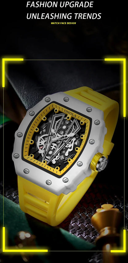 Gift Box Watches for Man ONOLA 3826W Trend White Men Watch Tonneau Calendar Waterproof Silicone Strap Relogios Masculino