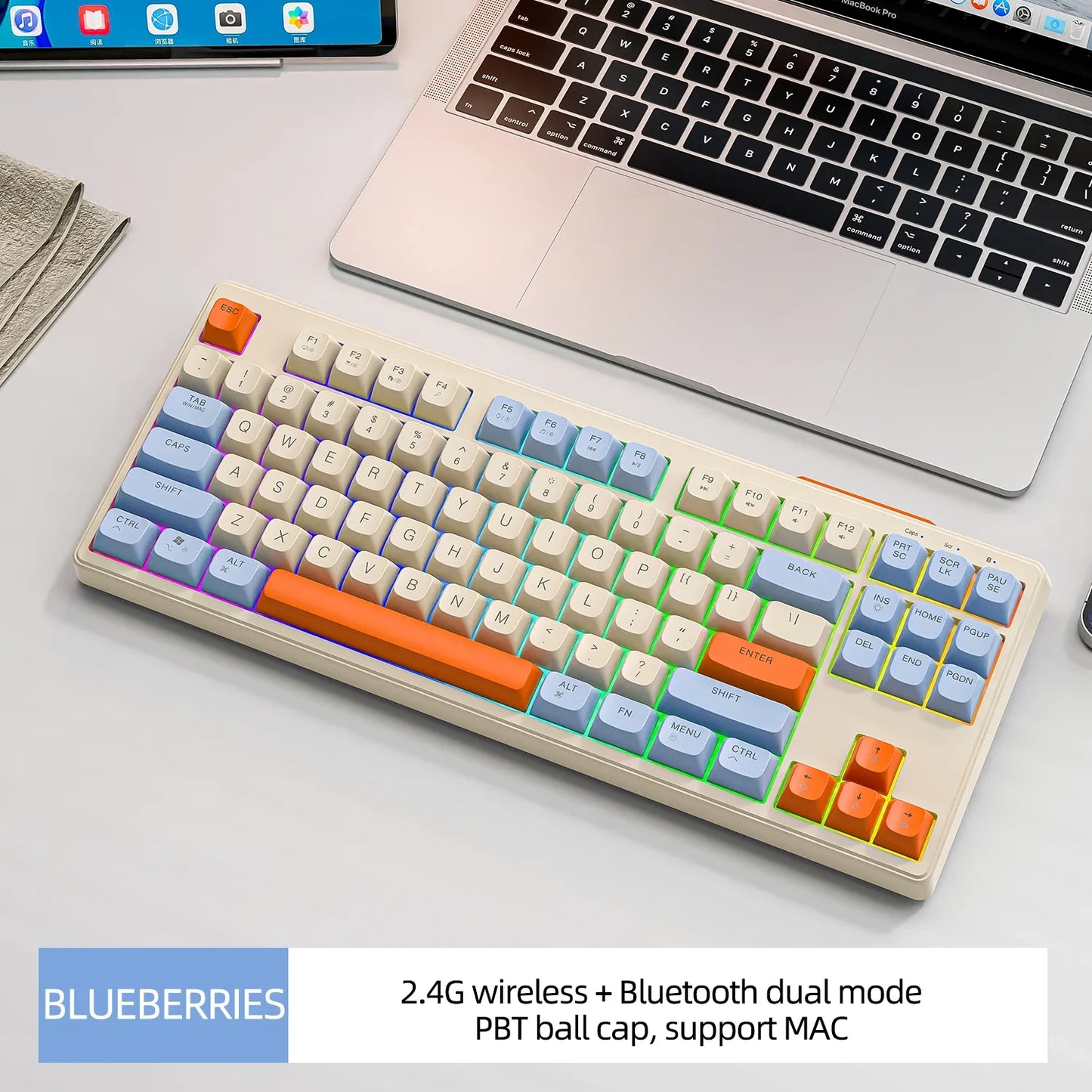 Teclado M87 Sem Fios Bluetooth de Modo Duplo, Sensação Mecânica para Gaming e Escritório, Silencioso, Teclas PBT Ball Cap, Luz Arco-Íris
