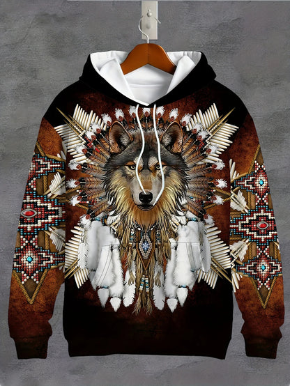 Men'S 3D White Wolf Print Hoodie, Casual Long Sleeve Pullover with Drawstring Pocket, 100% Polyester Slight Stretch Men Clothing