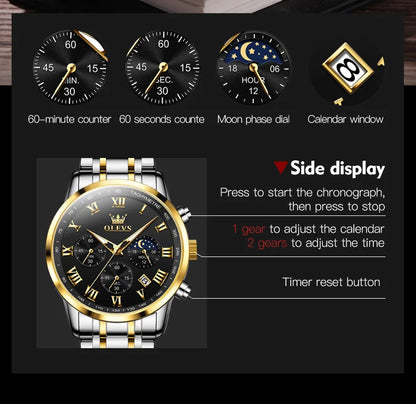 Relógio de Homem OLEVS 5529 de Marca Top Luxury, Impermeável, Luminoso, em Aço Inoxidável, com Fase Lunar e Código de Temporização, Novo Relógio de Quartzo para Homem