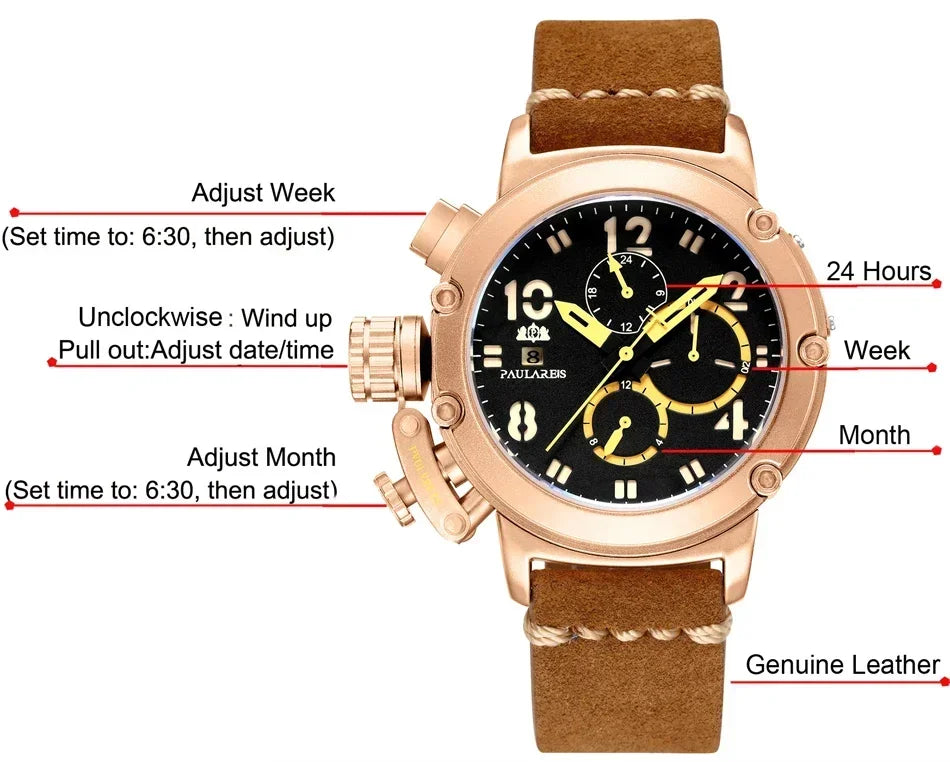 Automatic Watches for Men Mechanical Self Wind Genuine Leather Multifunction Date Boat Month Gold Bronze U Reloj Hombre Baratos