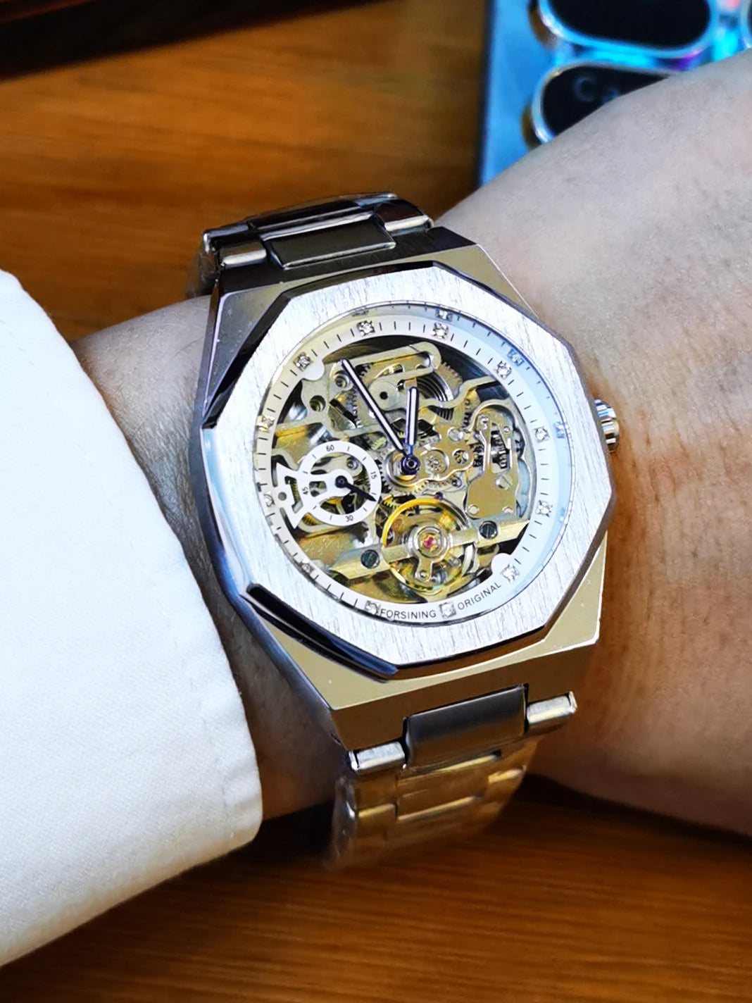 Forsining Tourbillon Skeleton Mechanical Watch for Men Luminous Hands Stainless Steel Strap Fashion Business Automatic Watches