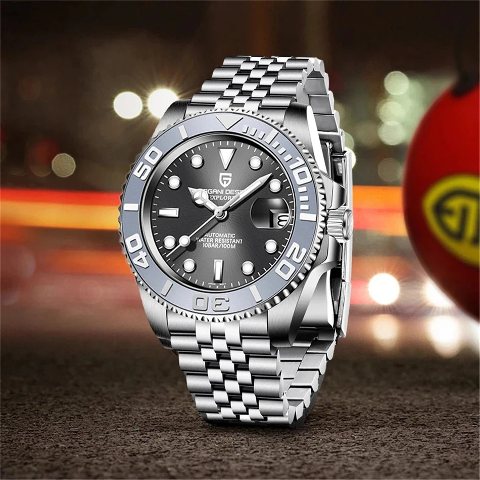 PAGANI DESIGN Automatic Watch Rose Gold Diver Watch 100M Waterproof Luxury Sport Wristwatch Black Rubber Strap Relogio Masculino