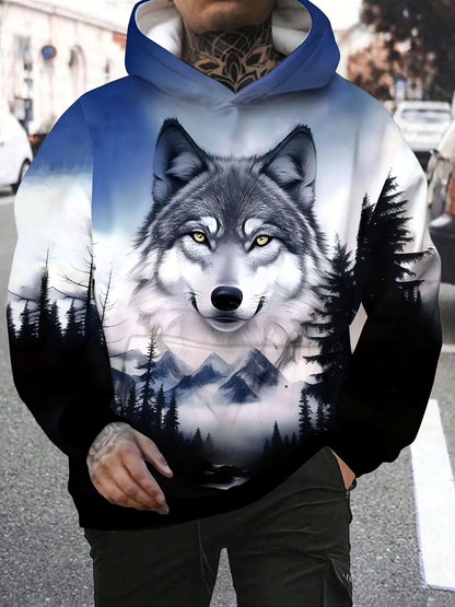 Camisola desportiva com capuz para homem, moda outono 2025, macia e confortável, com estampado de lobo, para exterior e estilo urbano