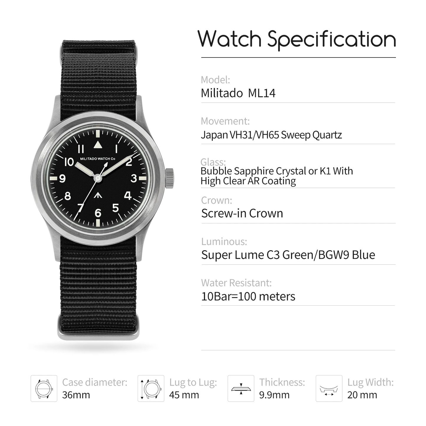Militado New Ml14 Quartz Watches Man VH31 Sweep Movement K1 Or Sapphire 100M Waterproof Luminous 36Mm Vintage Military Watches