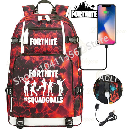 Mochila Yule Trooper F-Fortnited Battle Royale com carregamento USB, figuras anime e compartimento para material escolar para estudantes