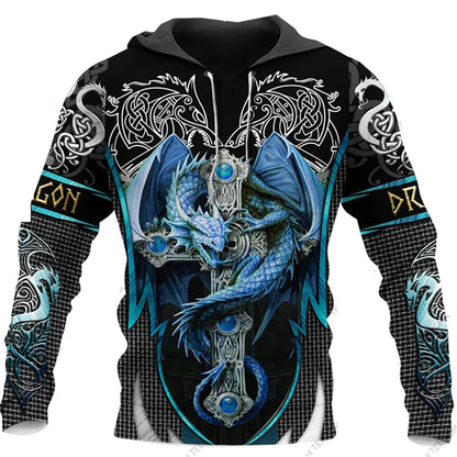 Felpa con cappuccio unisex da uomo con maniche lunghe, stampa 3D drago tatuaggio, autunno inverno, streetwear casual a pullover