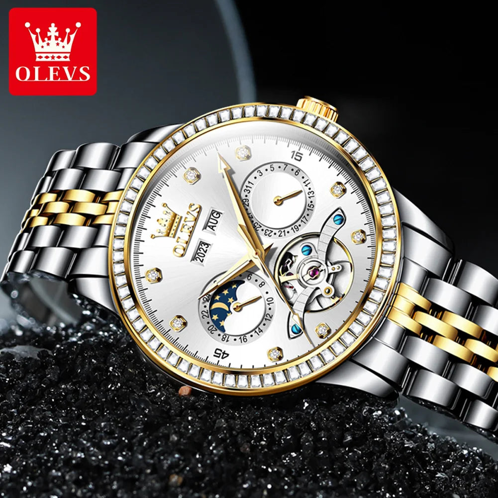 OLEVS 7016 Luxury Automatic Watch Men Skeleton Tourbillon Moon Phase Calendar Waterproof Stainless Steel Mechanical Wristwatch