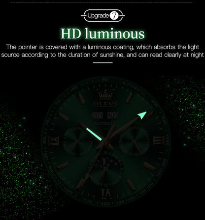 OLEVS 6633 Luxury Men's Watches Automatic Green Watch Men Stainless Steel Waterproof Business Sport Mechanical Wristwatch 6633