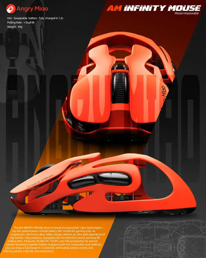 Rato Gaming Sem Fios Angry Miao Infinity, Metal Hot-Swappable, Ultraligeiro Oco, PAW3950, Dual 8K, Com Fio, Tri-Mode, Laranja