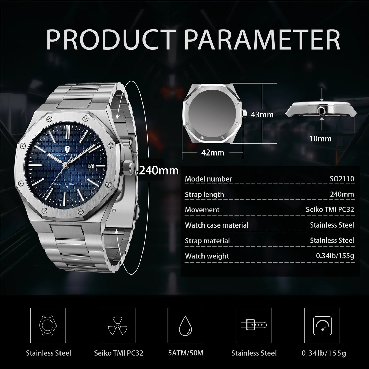 SAPPHERO Men’s Analog Watch Stainless Steel Japan Quartz Movement Date Display 50m Waterproof Classic Business Casual Wristwatch