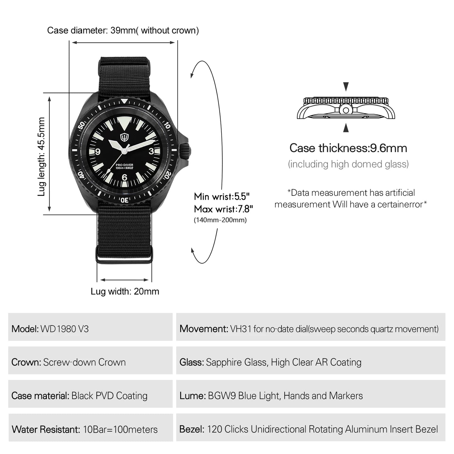 Watchdives WD1980 V3 Watch Vintage VH31 Quartz Movement Stainless Steel Watches Luminous K1 10Bar Waterproof Wristwatch